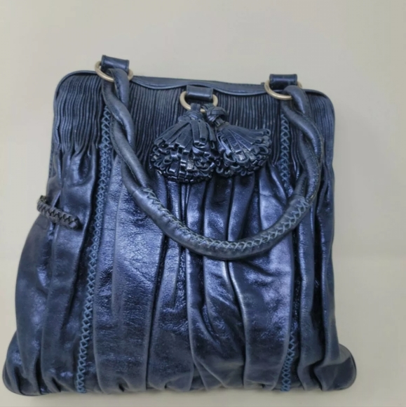 Isabella Fiore Tassel Metallic Blue Handbag 13in - Picture 2 of 9